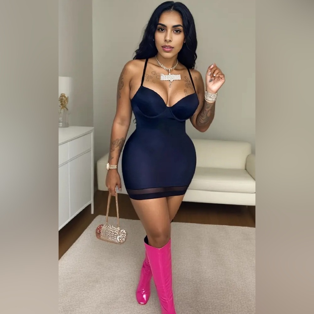 Bodycon Cami Solid Color Dress Sheer Detail - Picture 1 of 4
